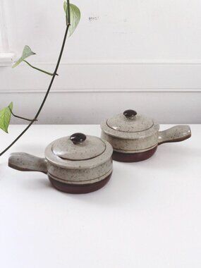 Vintage Soup Bowl Crock Stoneware Pottery Speckled Lidded Handle French Onion So